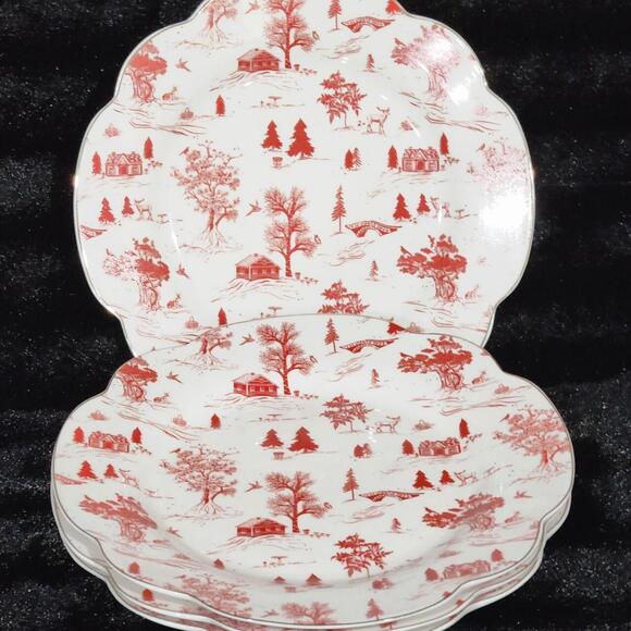 Grace Teaware Winter Village 2pc Red  9.25" Salad Plate Toile Scallop Gold Trim - Picture 9 of 9